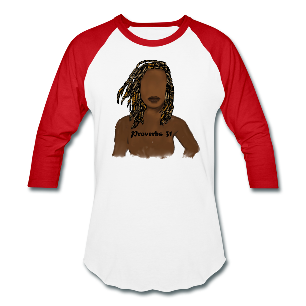 Proverbs 31 Locs Unisex Baseball T-Shirt - white/red