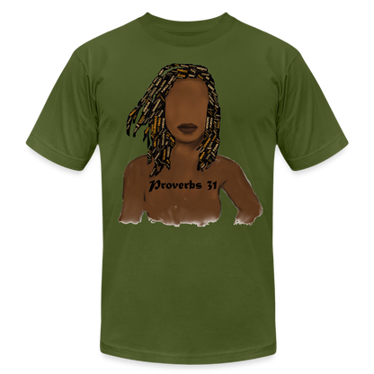 Proverbs 31 Locs Jersey T-Shirt by Bella + Canvas - olive